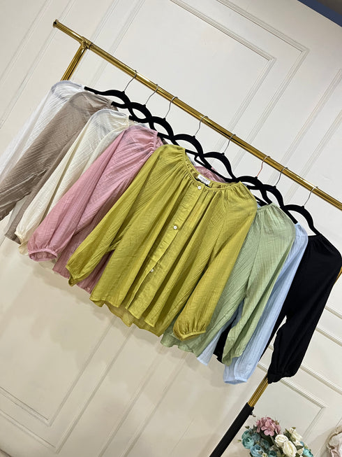 Summer Transparent Round Neck Lantern Sleeves Loose Tops